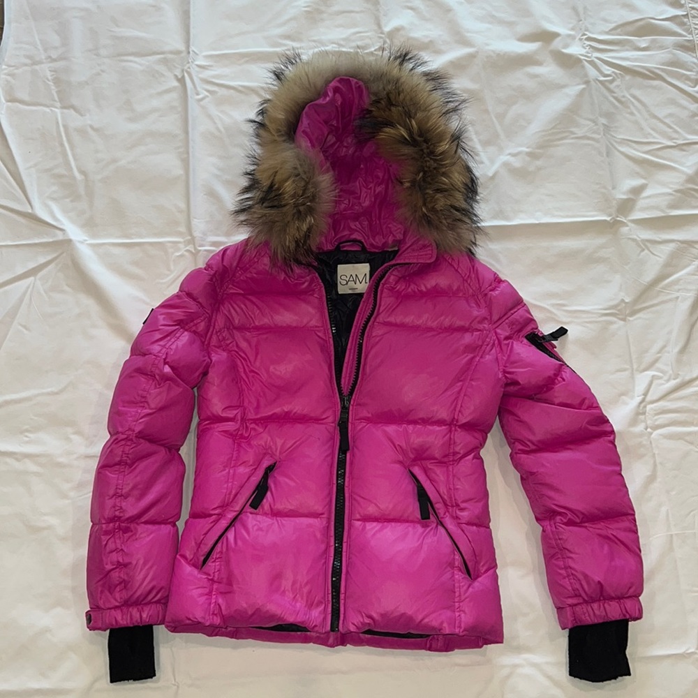 SAM. Blake Fur-Trimmed Down Jacket Girls Size 12 Fuchsia Hot Pink